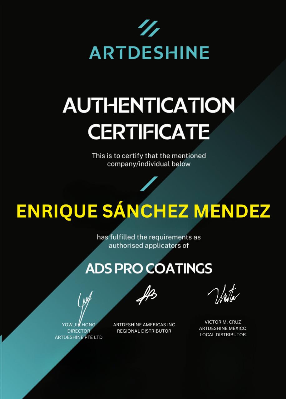Certificado de aplicador autorizado ArtDeShine
